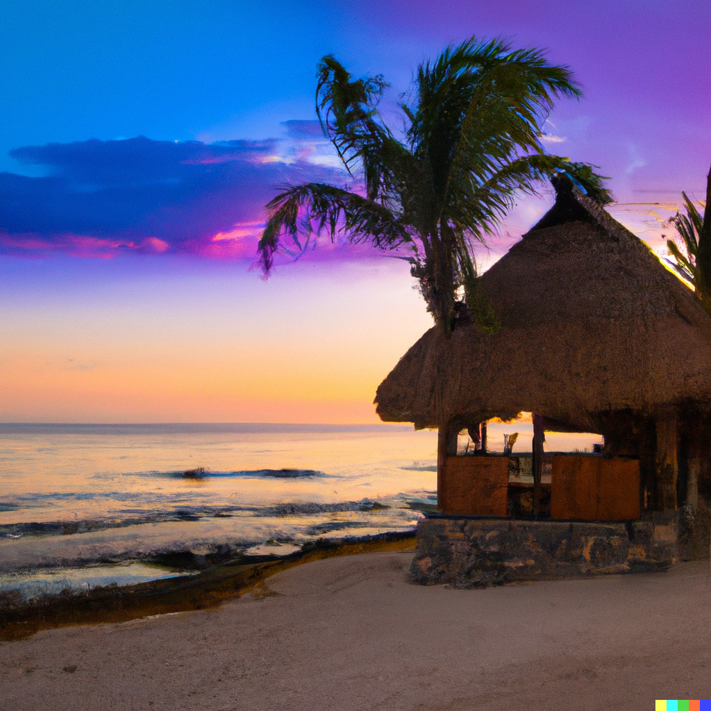 DALL·E 2023 03 31 09.42.19 colorful photo of a thatched roof tropical beach bungalow with palm trees and a beach and a sunset in the background SUSTAINABLE ECO RESORT DESIGN 1